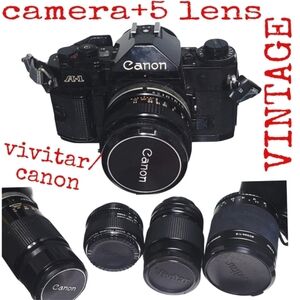 Canon A1 Film Camera & 2 Lens+ 3 Vivitar Lens& Cases Vintage Camera Set